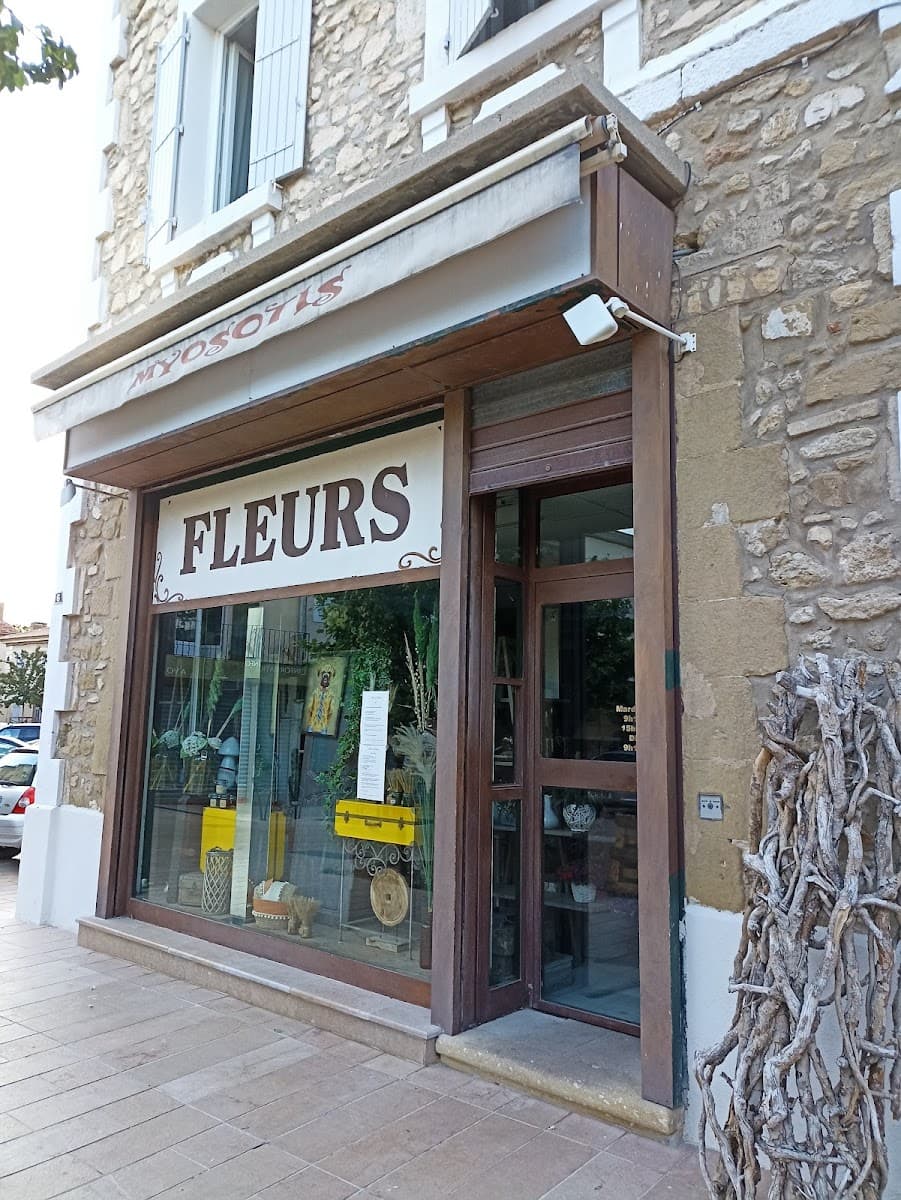 Devanture de la boutique Myosotis, fleuriste Place Victor Hugo à Sénas