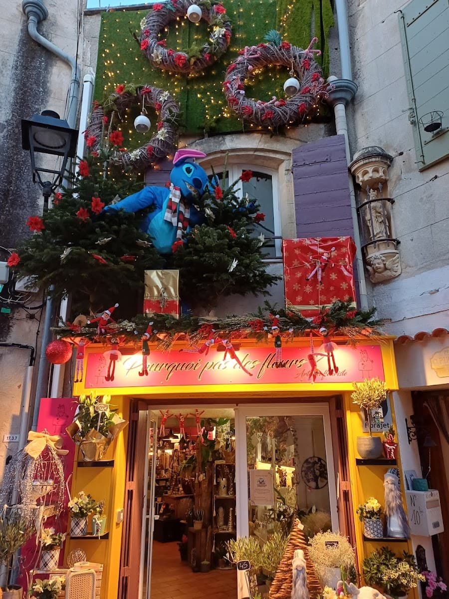 Devanture de la boutique Pourquoi pas des fleurs à Graveson, décorée de guirlandes et compositions florales